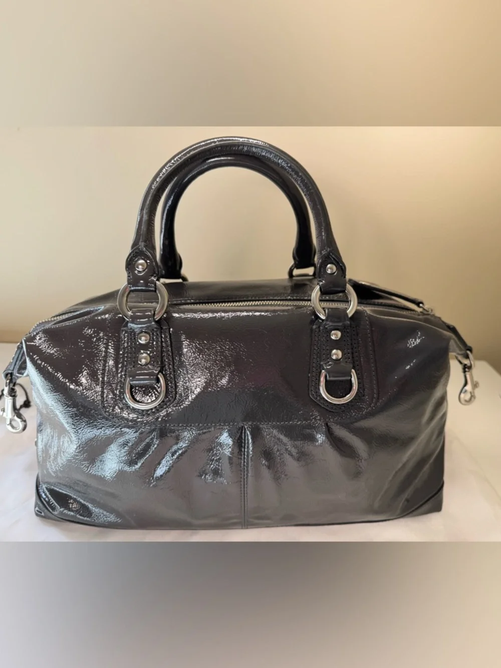 NWOT - Coach Madison Sabrina Satchel in Graphite Patent Leather with Dust Bag